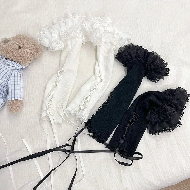 Black White Lace Strap Arm Sleeves Vintage Ribbon Bow Gothic Gloves for Women Girls Sweet Lolita Cuffs Covers Sunscreen Sleeves