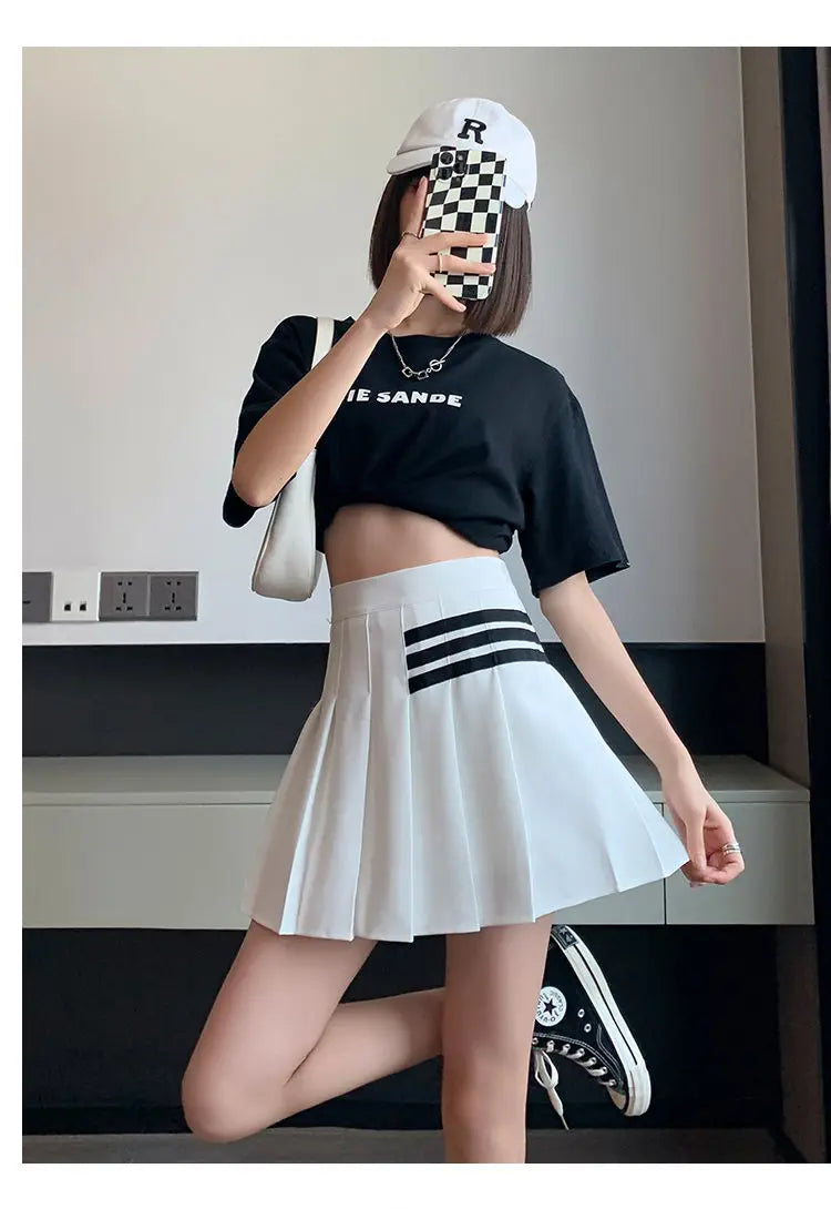 Preppy Style Women Kawaii Striped Pleated Skirts Korean Fashion Summer High Waisted With Lining Sweet Cutecore Mini A-line Skirt