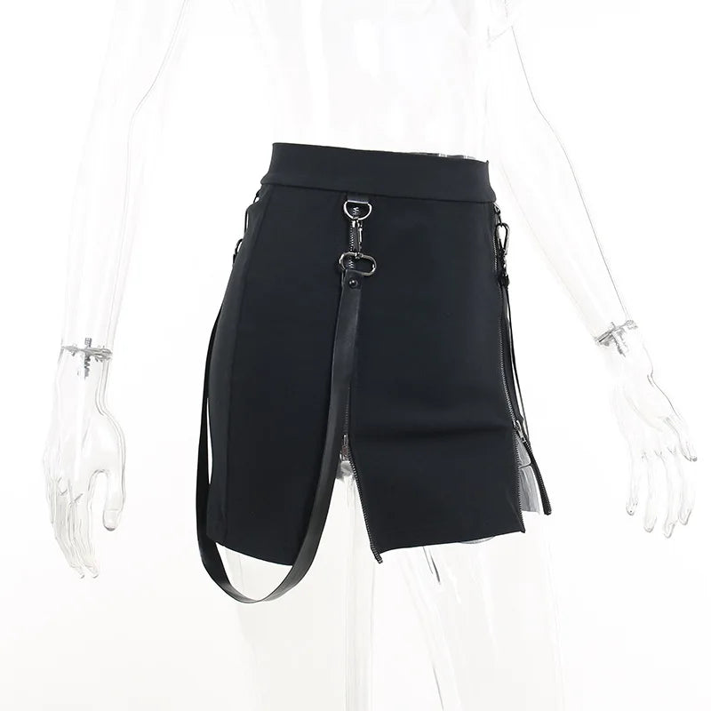 Gothic Zip Split Sexy Women Mini Skirts Grunge Strap Black High Waist Pencil Skirt Punk E-girl Alt Party Clubwear