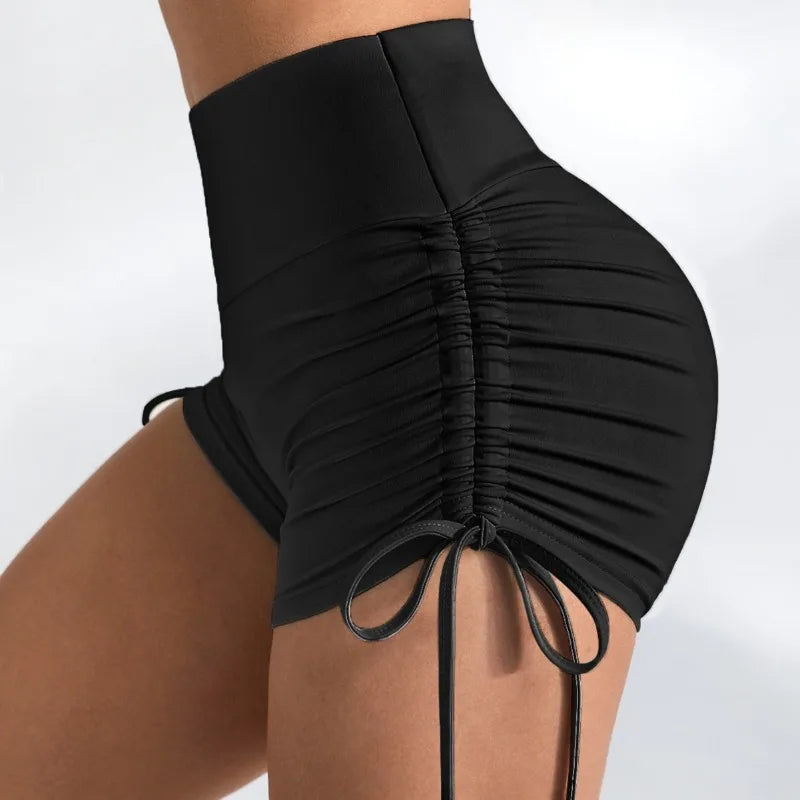 High-Waisted Ruched Yoga Shorts - Tie Detail Gym & Running