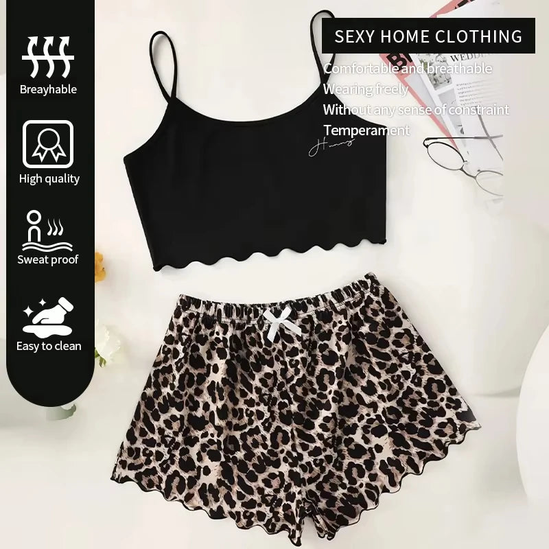 Women's Pajamas Set Sexy Lingerie Leopard Print Sling Sleepwear V-Neck Sleeveless Top and Shorts Sets Pyjamas Homewear