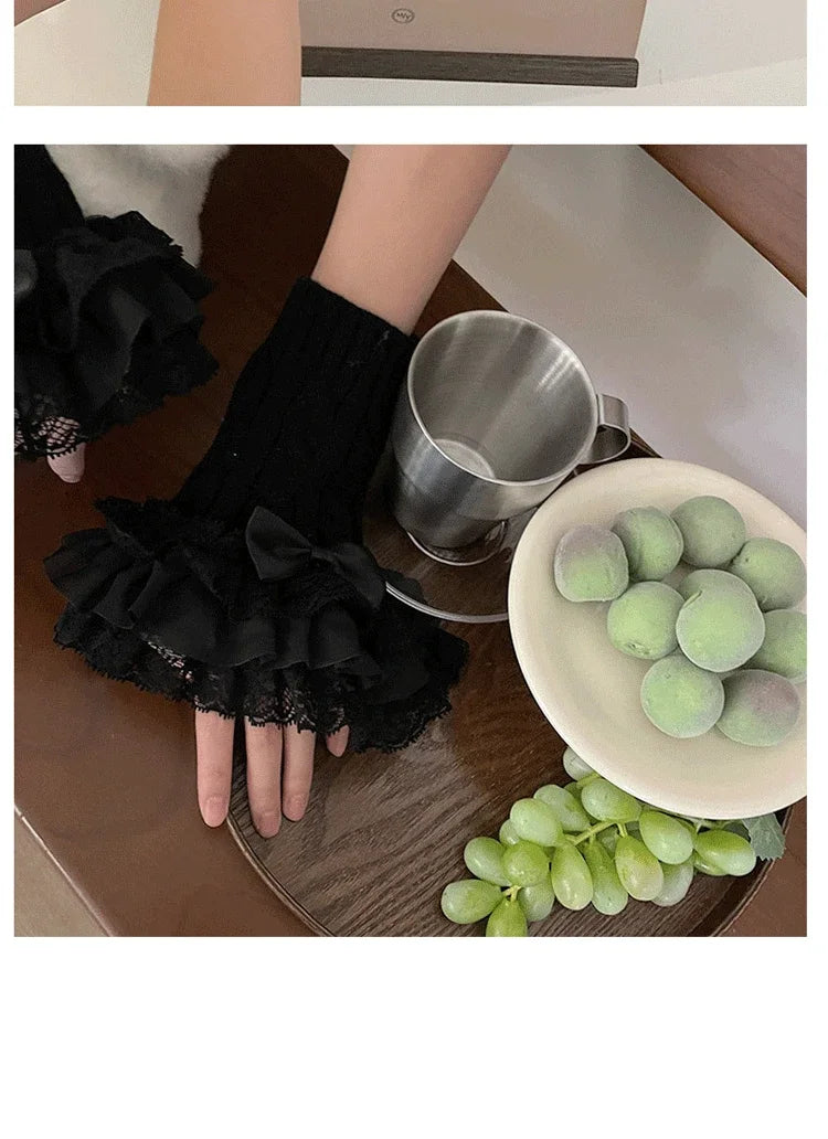 Lolita Lace Fall Winter Warm Sleeves Knitted Cute Fairy Bow Teenage Hand Sleeves Mittens Women