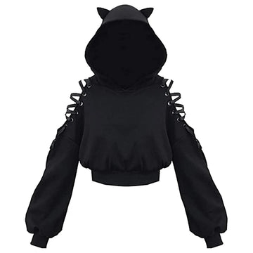 Y2K Gothic Cat Ear Hoodie Lace Up Crop Top Hooded Sweatshirt