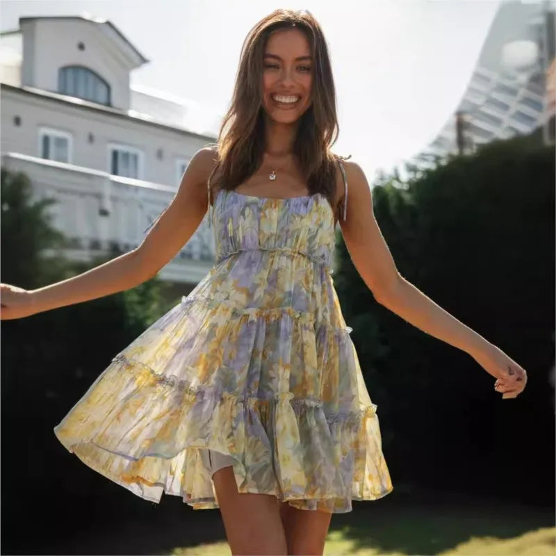 Vintage Floral Backless Mini Dress | Summer Spaghetti Strap