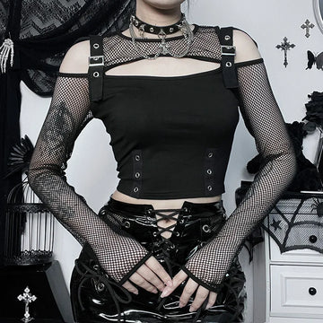 Gothic Fishnet Patchwork Crop Top | Punk Hollow-Out Techwear