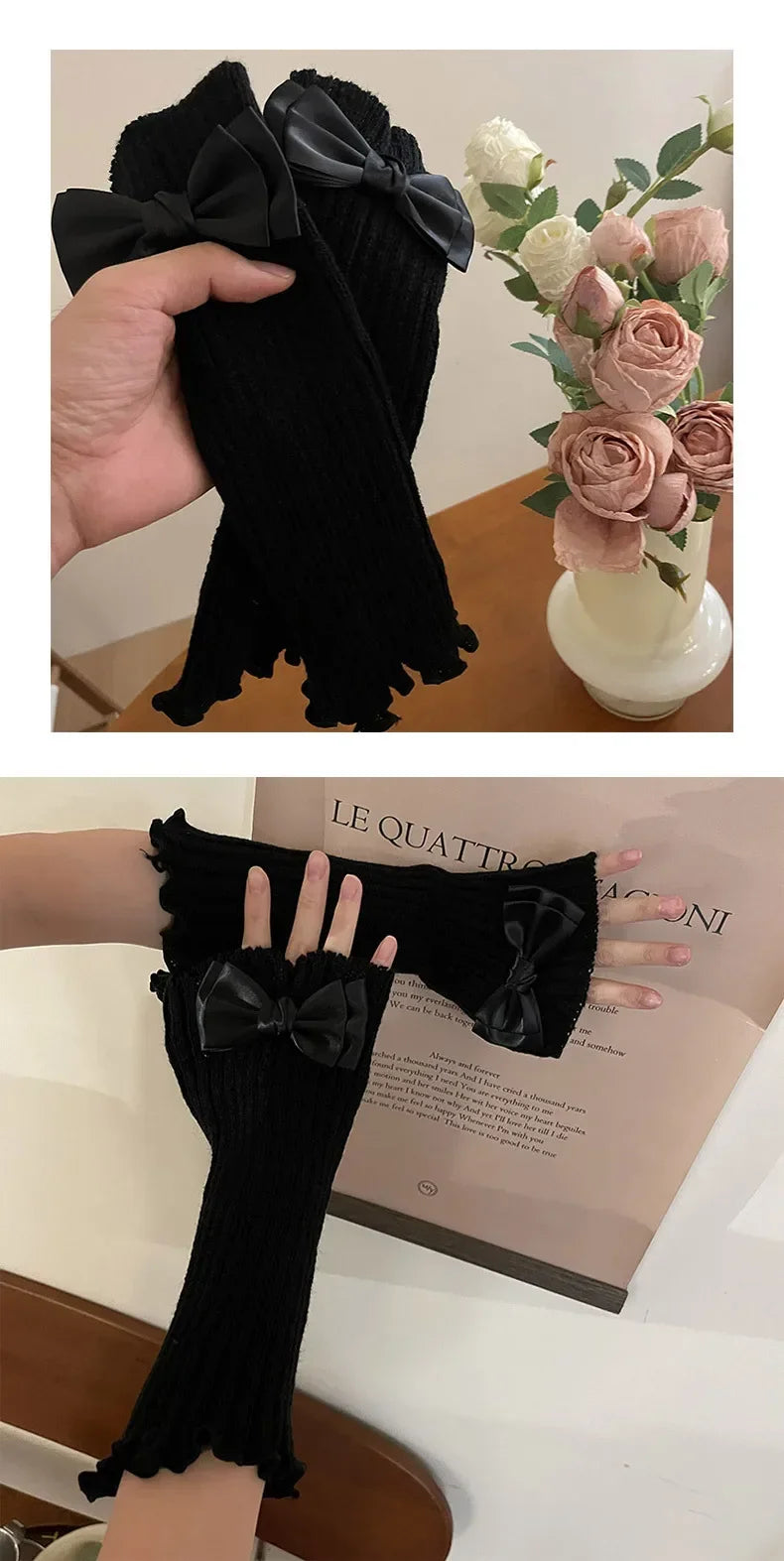 Women Knitted Bow Tie Fingerless Gloves Lolita Arm Sleeve Y2k Pink Girl Gothic Keep Wamrm Long Gloves Kawaii JK Accessories