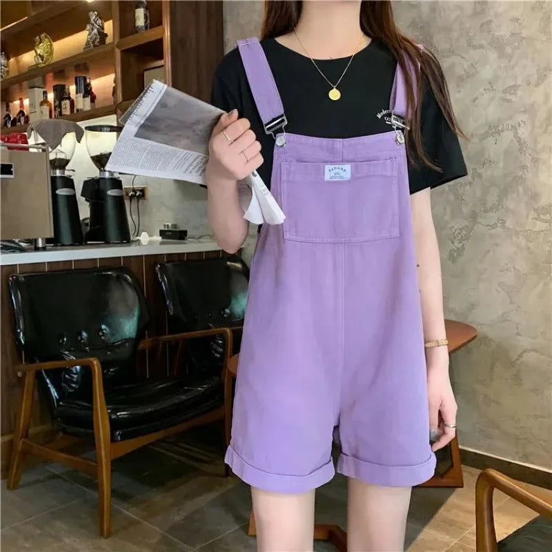 Summer New Style Loose Korean Version Women's Denim Overalls Straight Leg Jeans Color Purple Two-Piece Suit
