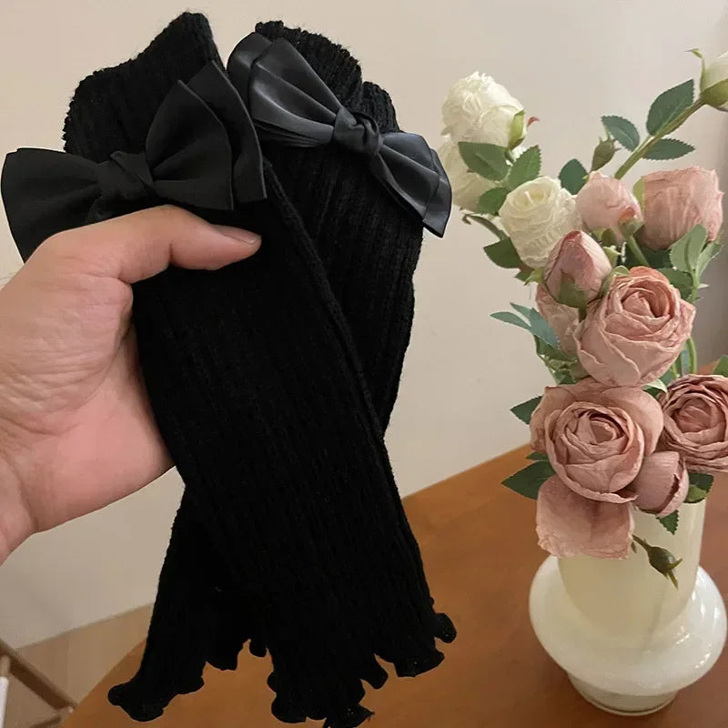 Women Knitted Bow Tie Fingerless Gloves Lolita Arm Sleeve Y2k Pink Girl Gothic Keep Wamrm Long Gloves Kawaii JK Accessories