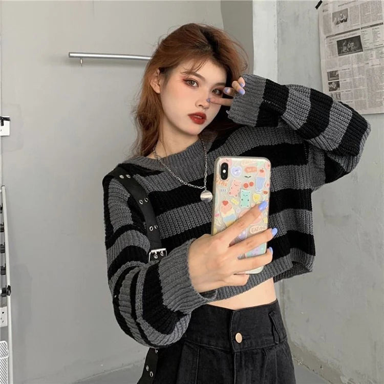 Black White Striped Cropped Sweater | Y2K Goth Knit Pullover