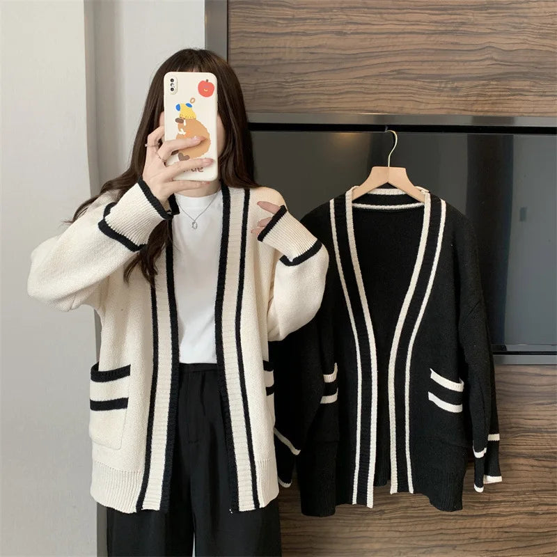 New Korean Women Cardigan Jackets Patchwork Clothing V Neck All Match Sueter Mujer Casual Fashion Knitted Oversized Sweater Tops