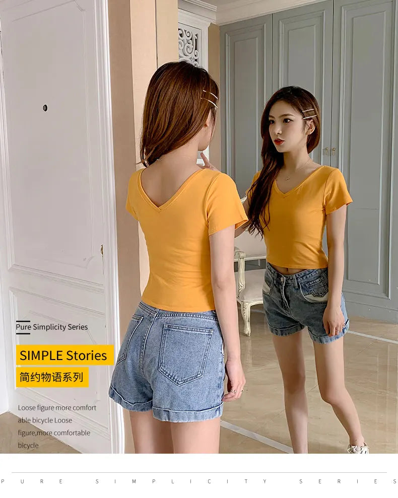 Summer Fashion Solid V Neck T Shirts Women Short Sleeve Sexy Crop Tops Ladies Casual Tees Top Tees Female Black Cotton T-Shirts