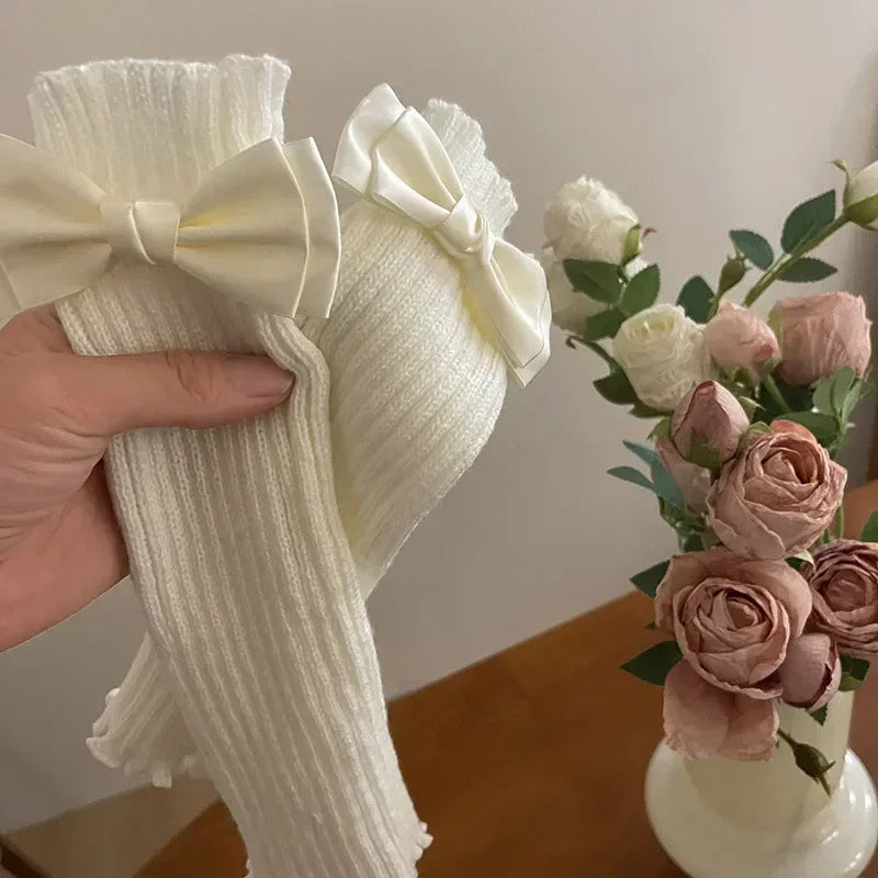 Women Knitted Bow Tie Fingerless Gloves Lolita Arm Sleeve Y2k Pink Girl Gothic Keep Wamrm Long Gloves Kawaii JK Accessories
