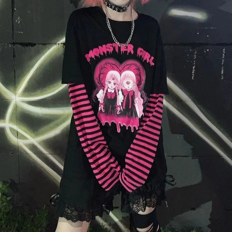 Japanese anime black women's T-shirt early autumn new loose original night style long sleeve hot girl trend women's tops emo