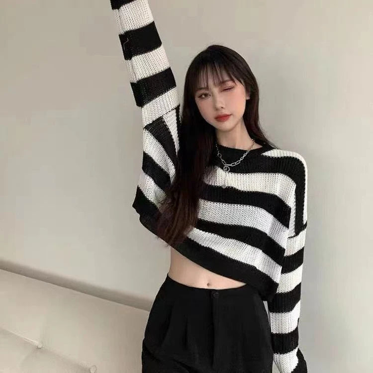 Black White Striped Cropped Sweater | Y2K Goth Knit Pullover