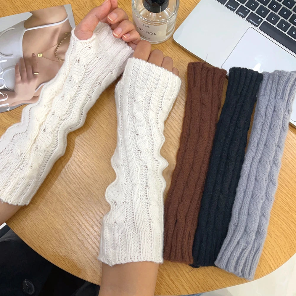 Y2K Knitted Striped Sleeves Gloves Autumn Winter Arm Warmer JK Long Fingerless Solid Colors Gloves Fashion Casual Girls Clothes