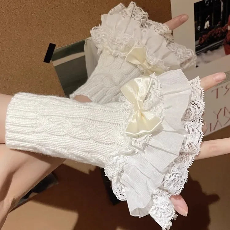 Lolita Lace Fall Winter Warm Sleeves Knitted Cute Fairy Bow Teenage Hand Sleeves Mittens Women