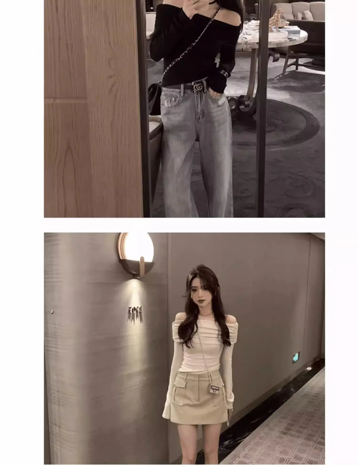 Black Shoulder-Bared Long Sleeve Knitted Sweater Women's Autumn New Style Slim Fit Inner Wear Base Top Korean Style Commute F...