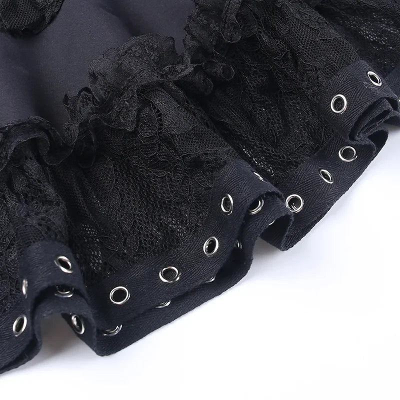 Black Women Punk High Waisted Goth Skirt Sexy Pleated Mini Skirt with Chain E Girl Lace-Up Tie PU Leather Corset Y2K Crop Tops