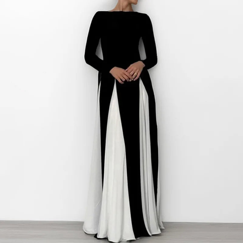 Elegant Color Block A-Line Knitted Bell Sleeve Dress