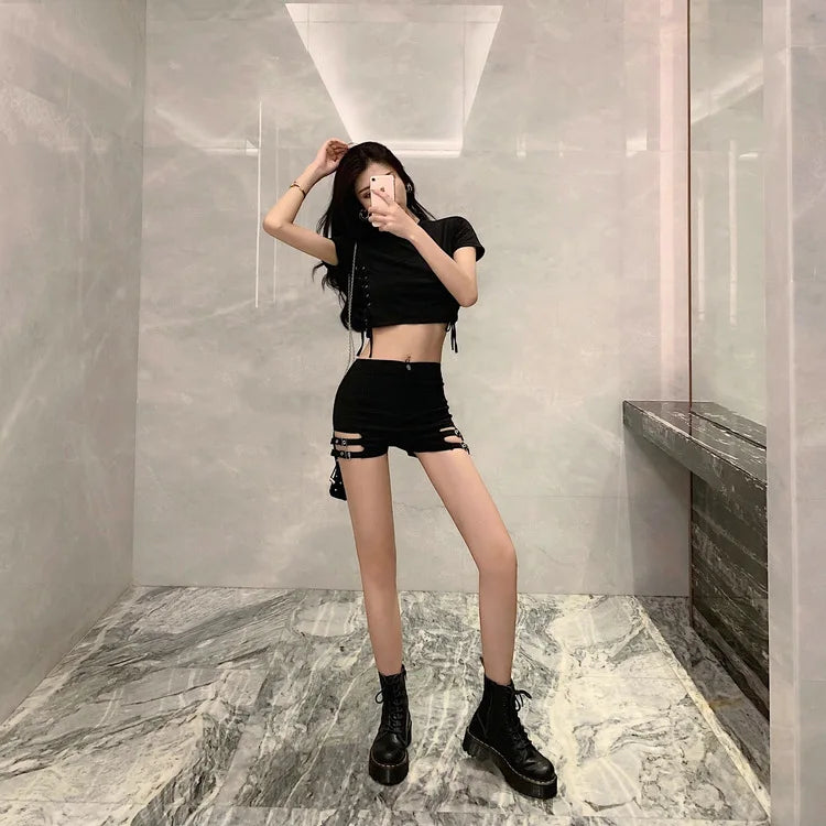 High-Waist Elastic Slimming A- Line Short Shorts Women's Belted Summer 2025 Fashion Trendy Polyester Hot Pants Casual Style