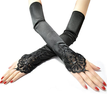 48cm Satin Lace Hook Finger Gloves, Retro Evening Party Cosplay