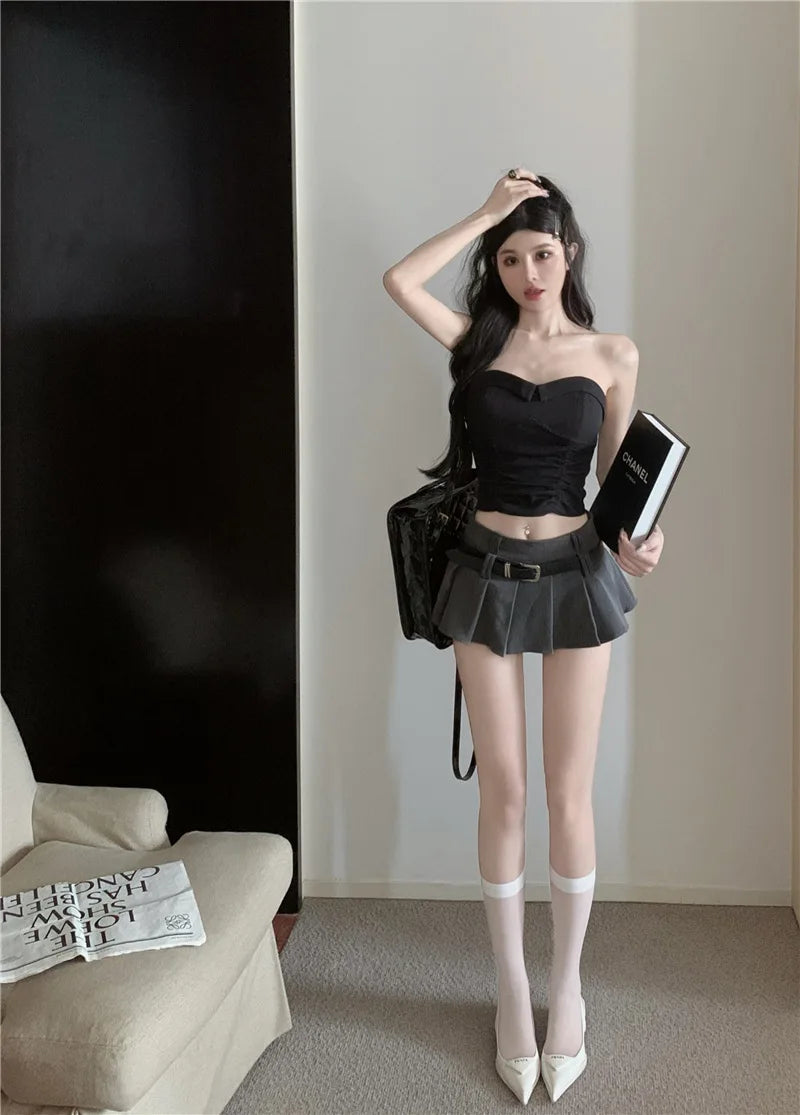 Women's Low Rise Pleated Mini Skirt Sexy A-Line Short Skirt with Belt and Built-In Shorts for Summer