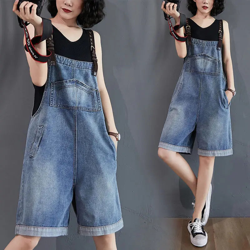 Cowboy Overalls Women's Jumpsuit Shorts 2025 Summer New Student Korean version Loose Denim Wide leg one-piece Suspender Shorts