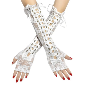 Floral Lace Elbow-Length Half-Finger Gloves with Ribbon Tie