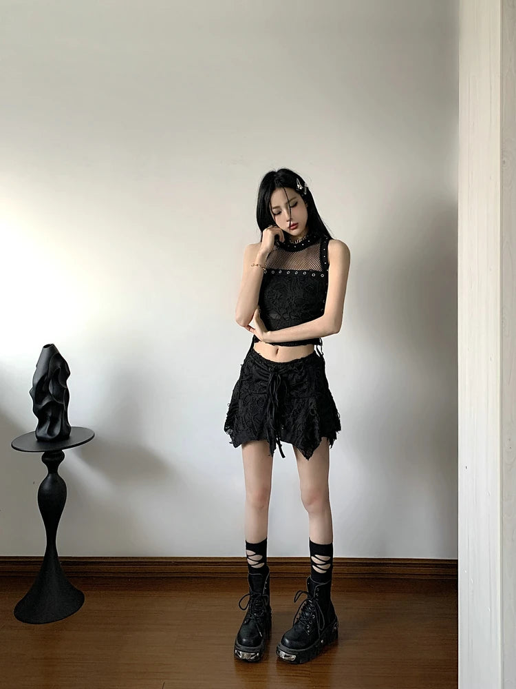 Gothic Y2k 2 Piece Set Hollow Out Lace Spliced Tank Crop Top Women Lace-up Waisted Irregular Mini Skirt 2025 Aesthetic Harajuku