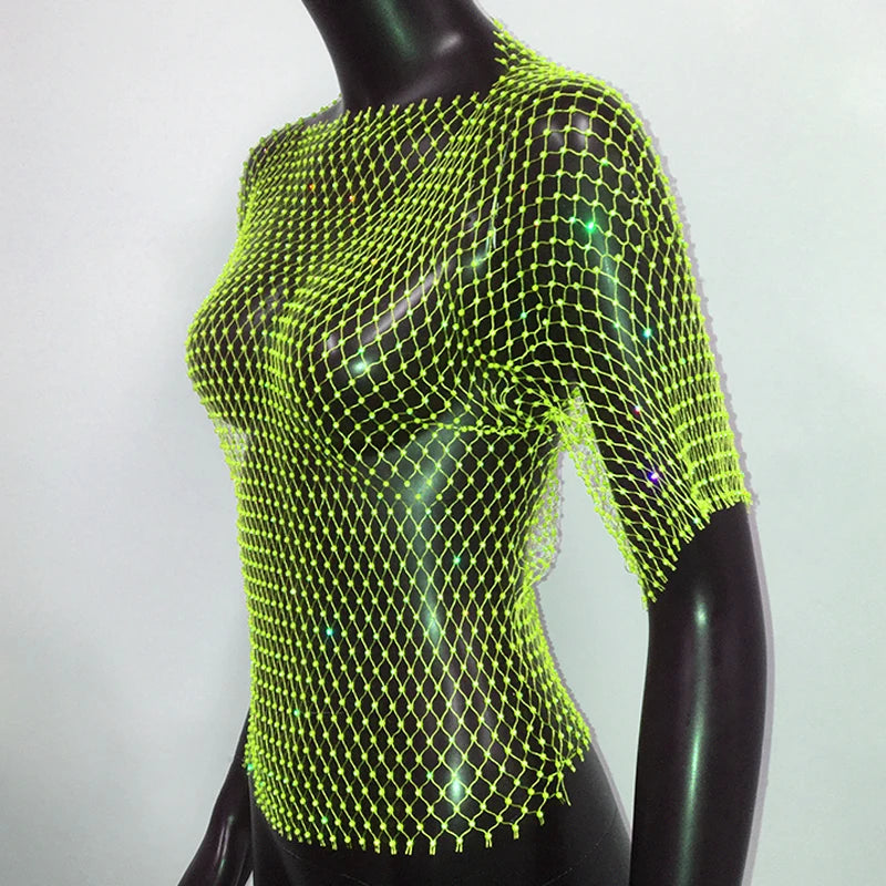 Sexy New Mesh Rhinestone Long Sleeve T Shirt Women Hollow See-through Fishnet Tops Summer Casual Shirt Party Club Women Clothing
