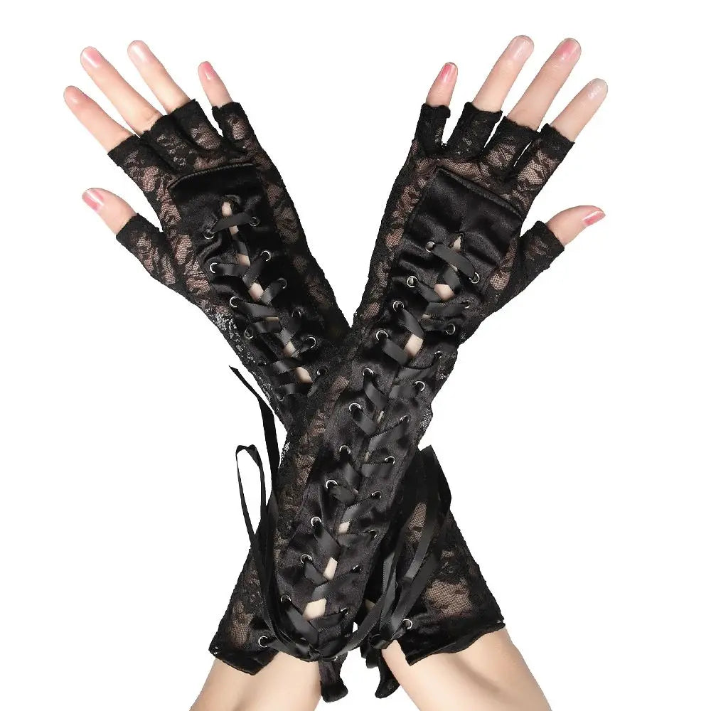 1 Pair Night Club Party Cosplay Ritual Dance Long Lace Gloves Silk Ribbon Punk Gothic Mittens Halloween Gloves