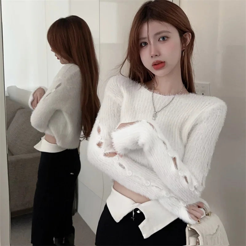 Sexy ort Knitted Sweater Women's Spring Autumn Soft Cozy Design Hole Knitwear Pure Desire Versatile Base Layer ort Top