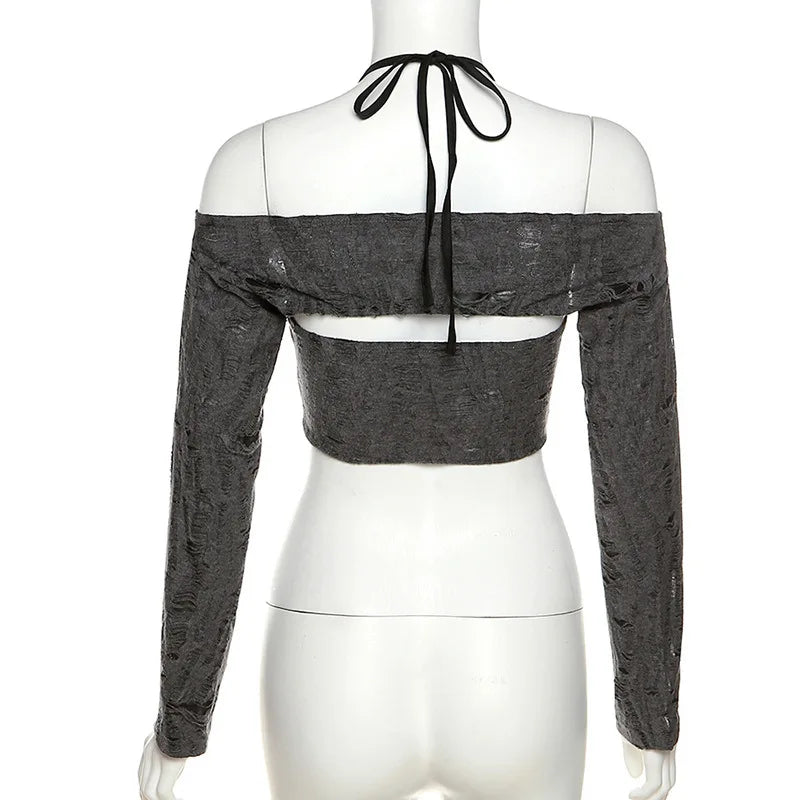 2025 Summer Sexy Drawstring Women T-shirts 2 Piece Set Y2k Distress Camisole Long Sleeve Buckle Tee Tops Hot Girls Clothes