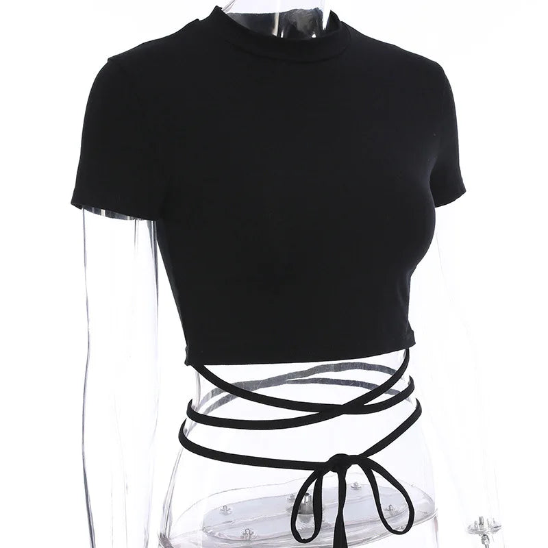 2024 Summer Women Black Short T-Shirts Sexy Crop Tops Short Sleeve Bandage Tee Tops Female Shirts