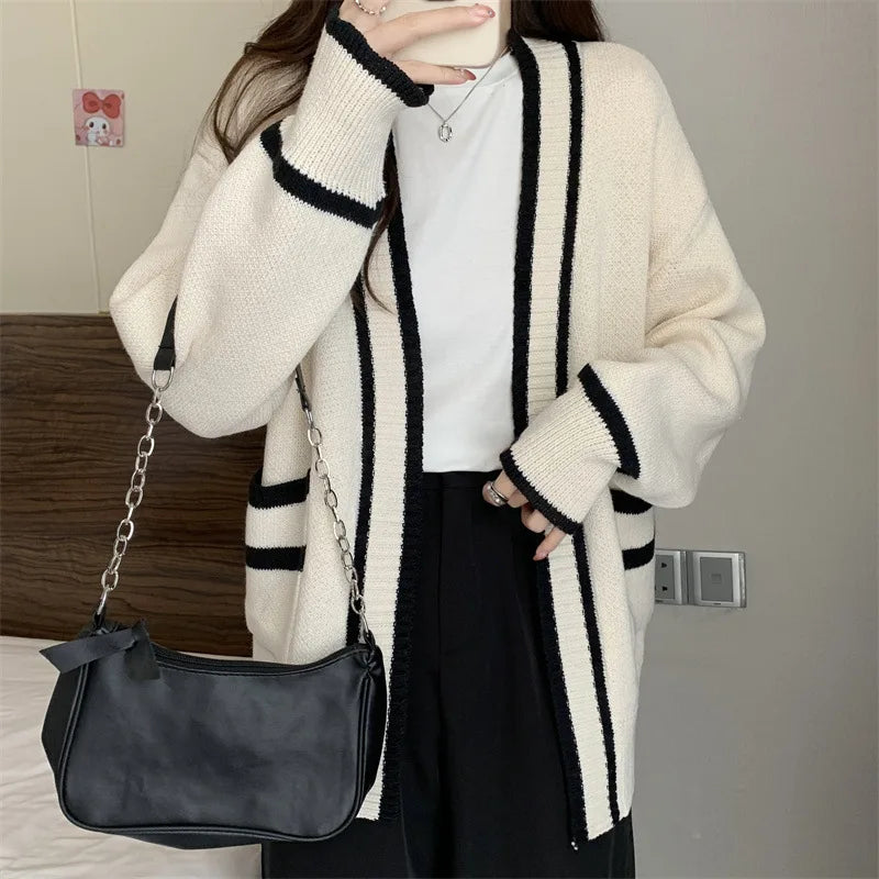 New Korean Women Cardigan Jackets Patchwork Clothing V Neck All Match Sueter Mujer Casual Fashion Knitted Oversized Sweater Tops