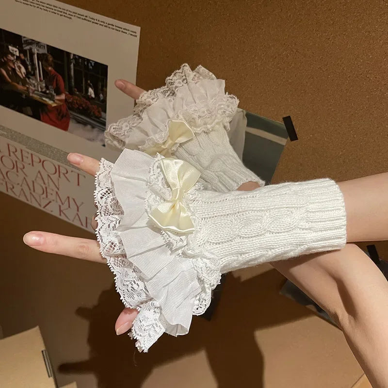 Lolita Lace Fall Winter Warm Sleeves Knitted Cute Fairy Bow Teenage Hand Sleeves Mittens Women