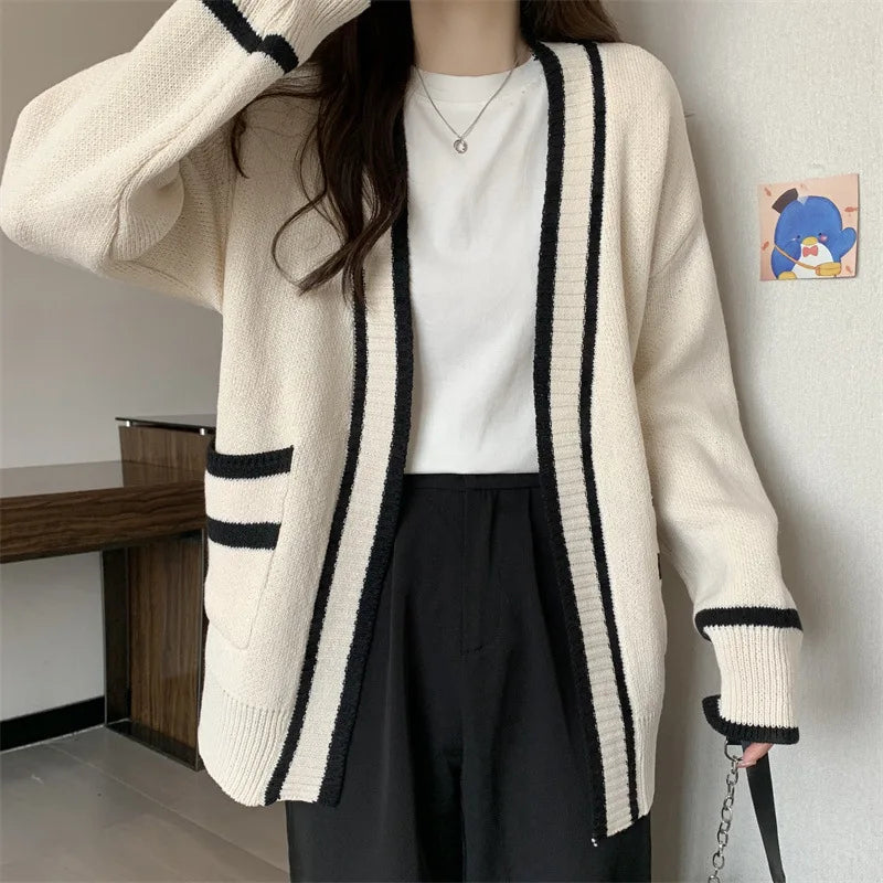 New Korean Women Cardigan Jackets Patchwork Clothing V Neck All Match Sueter Mujer Casual Fashion Knitted Oversized Sweater Tops