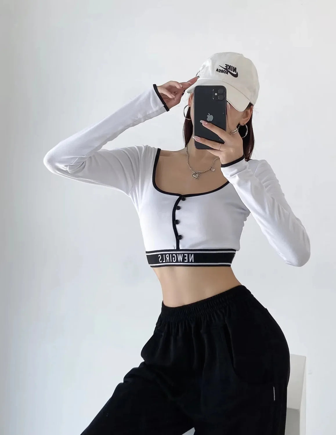 New Style Women's Tight Long-sleeved T-shirt Colour blocking Ultra-short Bottom High Waist Neckline Innerwear Athletic Tops