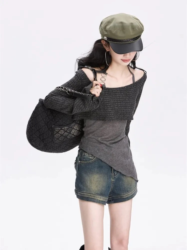 Kimutomo T Shirts Women Contrast Irregular Elegant Slim Fashion Vintage Y2k Aesthetic Harajuku Knitted Tops Ladies Grunge