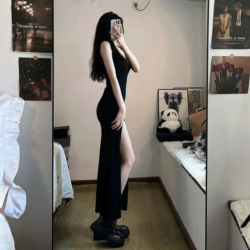 Queen Style Black Split Maxi Dress - Slim Fit Strappy