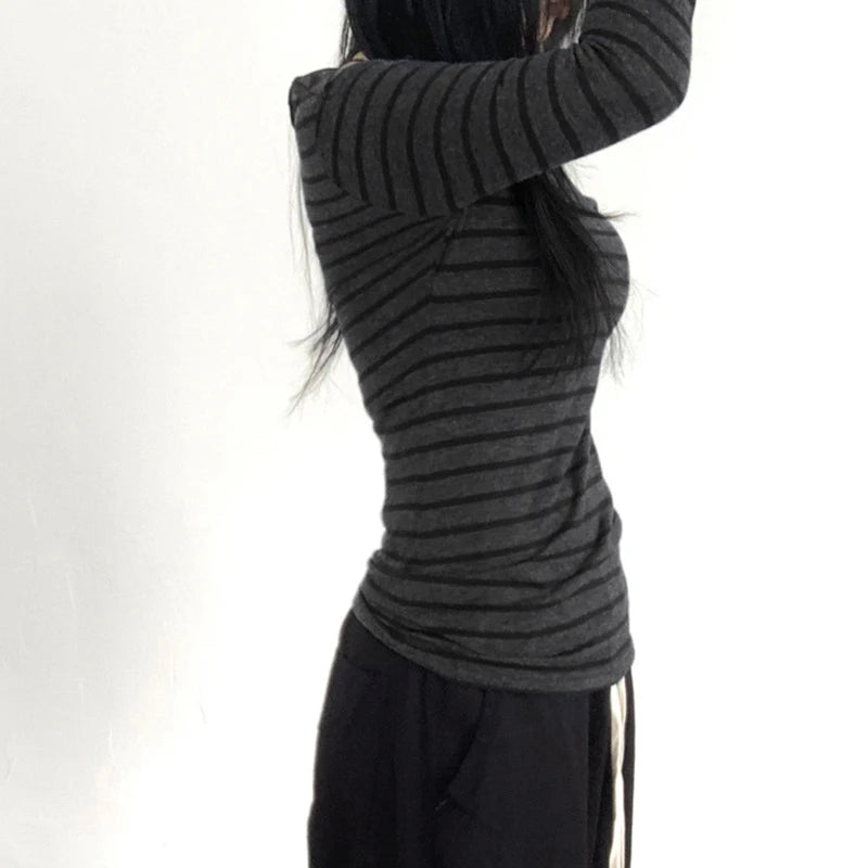 Harajuku Basic Slim Long Sleeve Stripe Tee Off Shoulder O Neck Korean Street Style Spring Autumn Y2K Women's Gray T Shirt