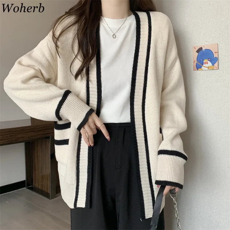 New Korean Women Cardigan Jackets Patchwork Clothing V Neck All Match Sueter Mujer Casual Fashion Knitted Oversized Sweater Tops
