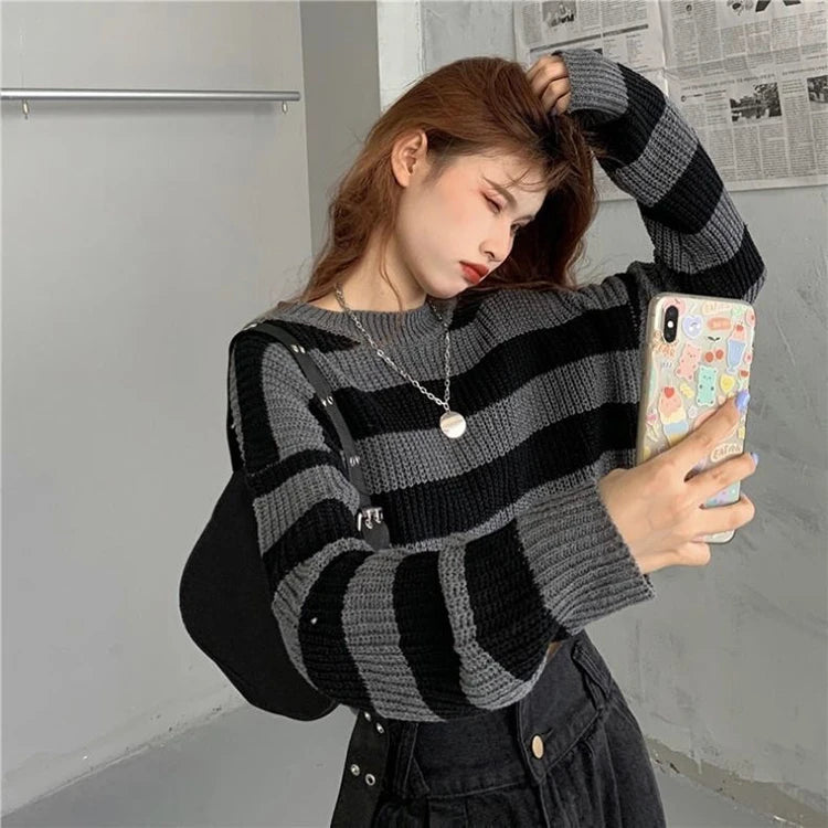 Black White Striped Cropped Sweater | Y2K Goth Knit Pullover