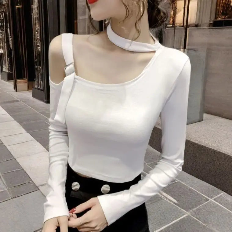 Chic Shoulder Bared Long Sleeve Base Shirt for Women Stylish Slim Fit Trendy Top Casual Loose Style Daily Wear Girl's Fashion