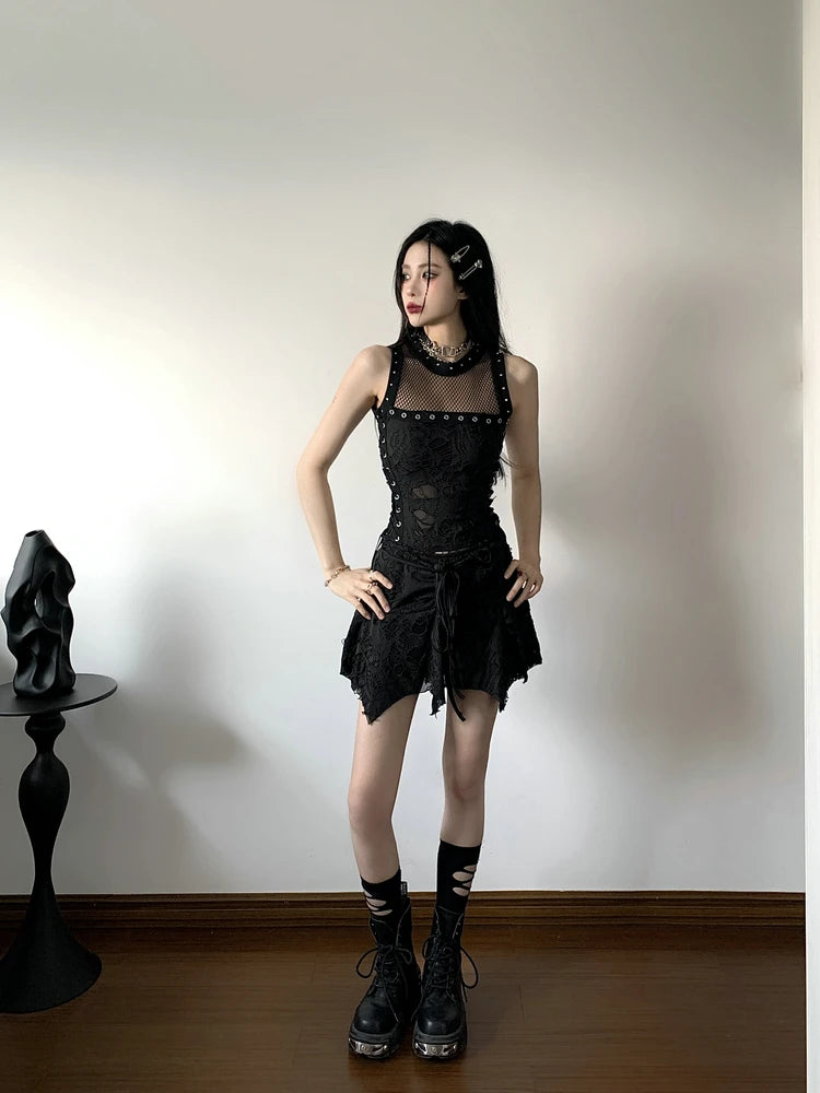 Gothic Y2k 2 Piece Set Hollow Out Lace Spliced Tank Crop Top Women Lace-up Waisted Irregular Mini Skirt 2025 Aesthetic Harajuku