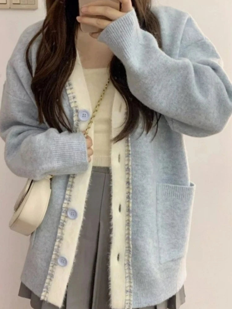 2025 Streetwear Patchwork Grunge Cardigan Women Single Breasted Loose Sweaters Knitted Y2k Aesthetic Contrast Color Pocket Coats