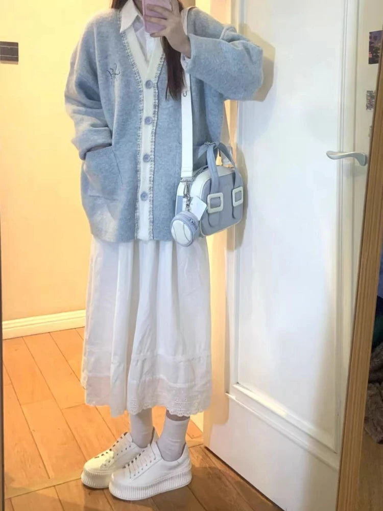 2025 Streetwear Patchwork Grunge Cardigan Women Single Breasted Loose Sweaters Knitted Y2k Aesthetic Contrast Color Pocket Coats