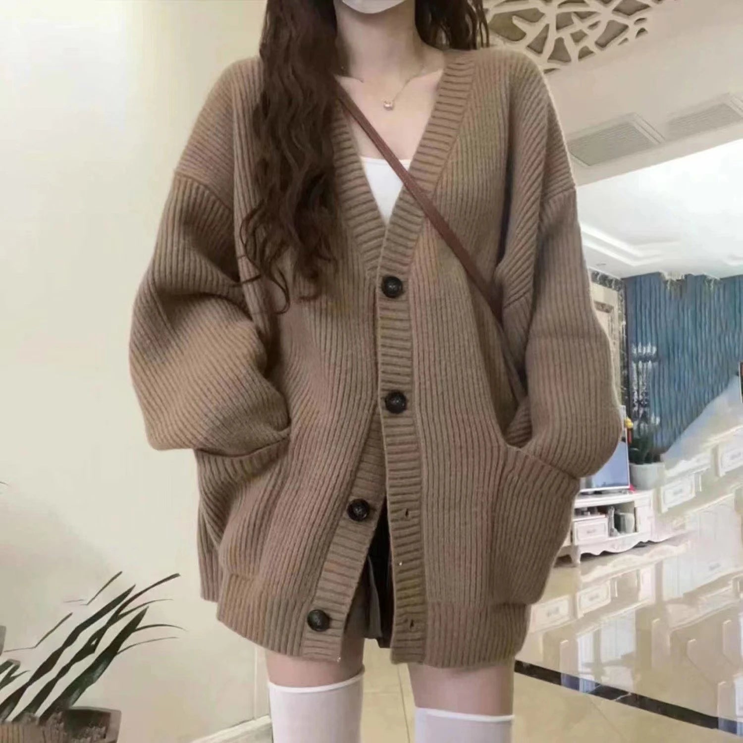 Gray Mid-Length Knitted Sweater Coat Women's Autumn Outerwear Japanese Lazy Vintage Milk System Soft Cozy Open Cardigan