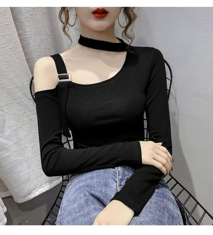 Chic Shoulder Bared Long Sleeve Base Shirt for Women Stylish Slim Fit Trendy Top Casual Loose Style Daily Wear Girl's Fashion