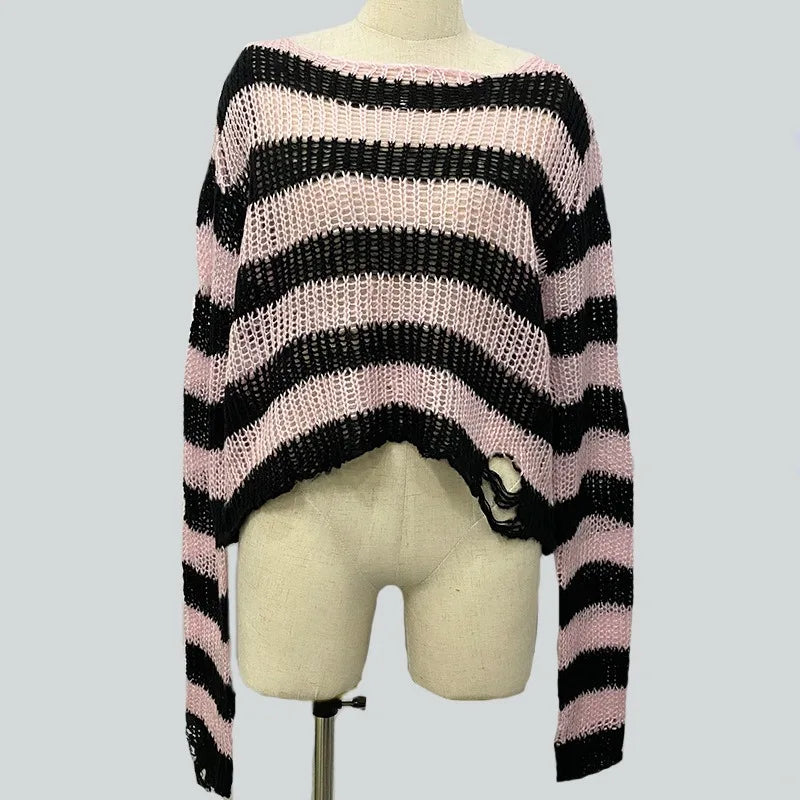 Distressed Oversized Striped Sweater Punk Grunge Knit Top